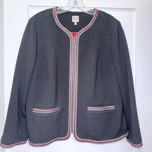 Anne Klein Black Zippered Blazer/Cardigan with Red and White Braid Trim